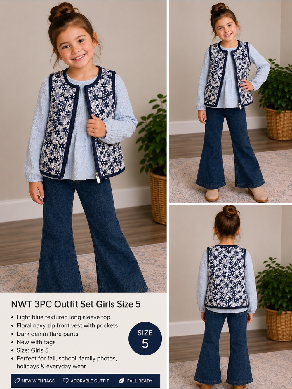 Draper James Girls 3-Piece Outfit Set Size 5 Floral Vest Flare Jeans